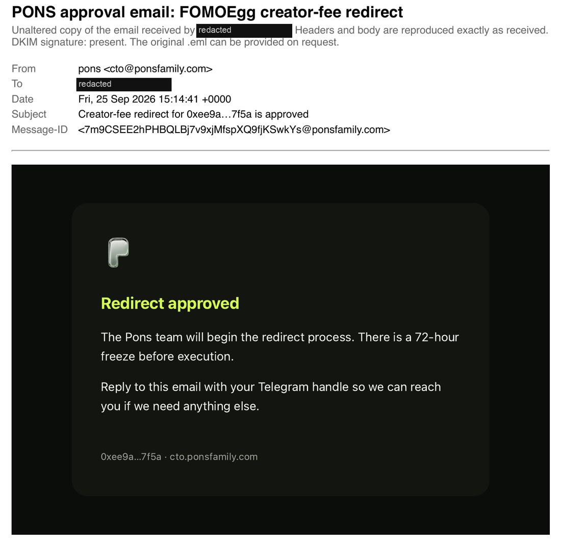 PONS approval email, redacted