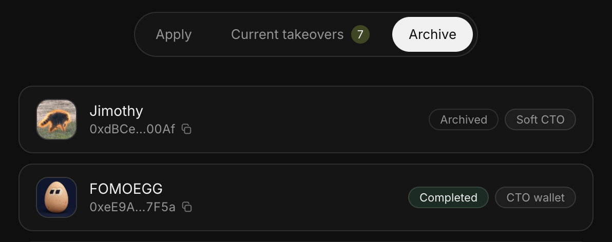 PONS CTO portal Archive showing FOMOEGG Completed